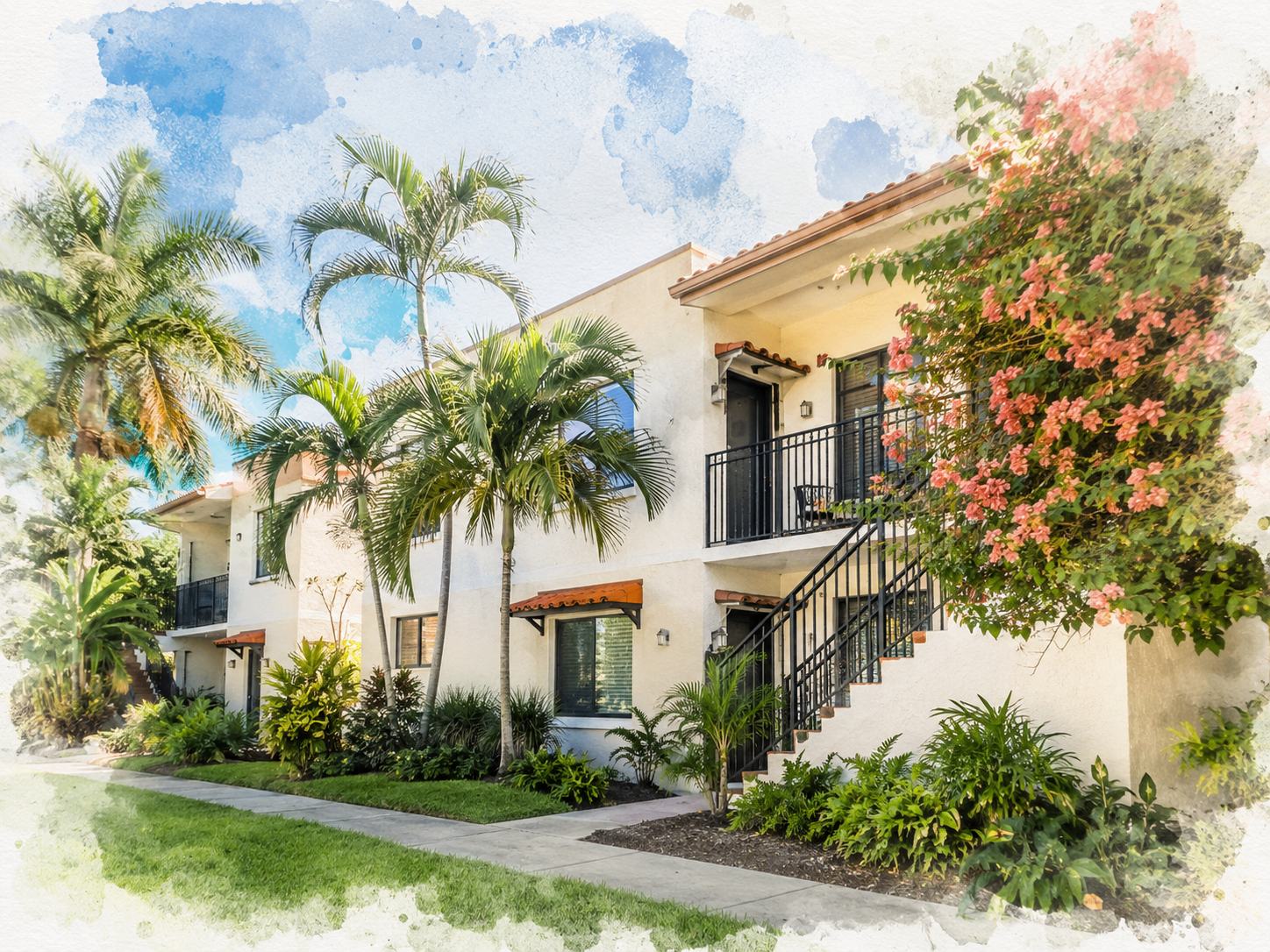 Miami Mediterranean apartment exterior with watercolor edge treatment